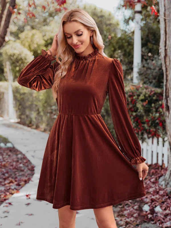 Turtleneck velvet solid color waist dress Brown