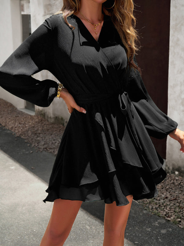 V-neck elegant long-sleeved multi-layered dress Black