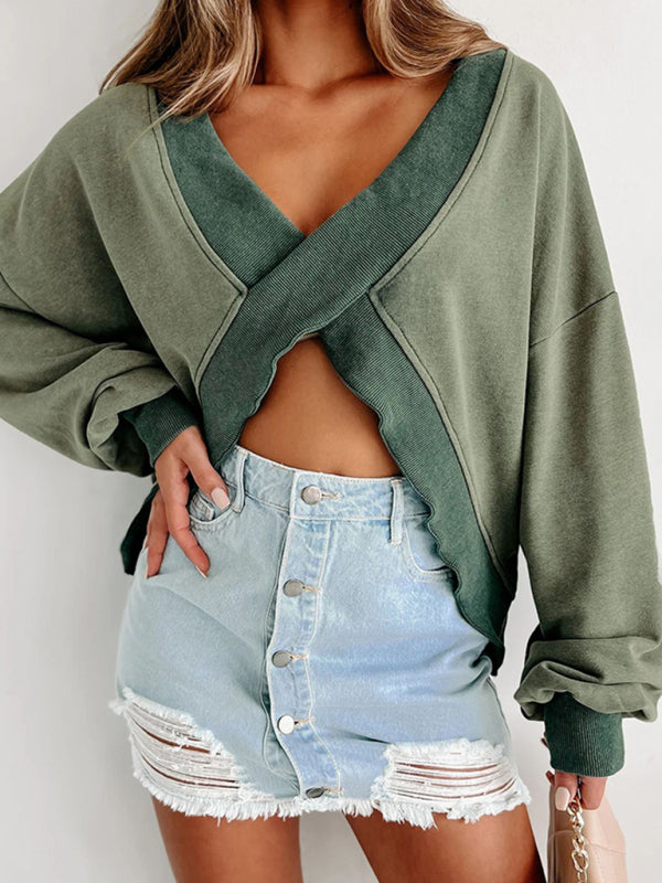 V-neck long-sleeved loose slimming women's sweatshirt (can be worn on both front and back)