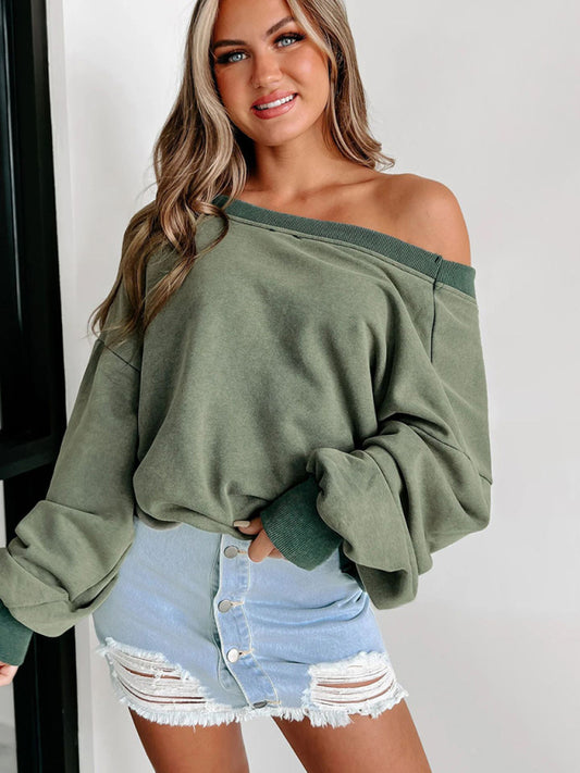 V-neck long-sleeved loose slimming women's sweatshirt (can be worn on both front and back) Green