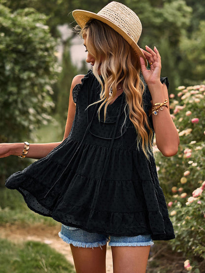 V-neck loose top with flying sleeves casual vacation blouse