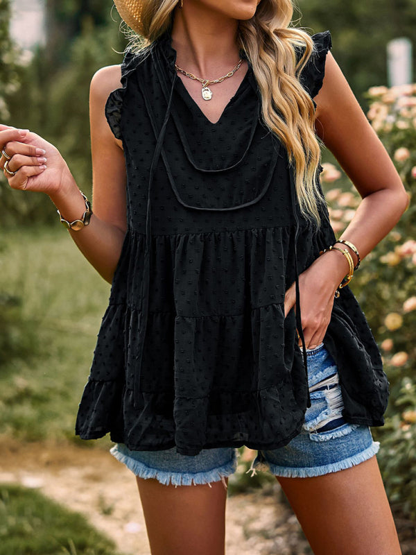 V-neck loose top with flying sleeves casual vacation blouse Blue