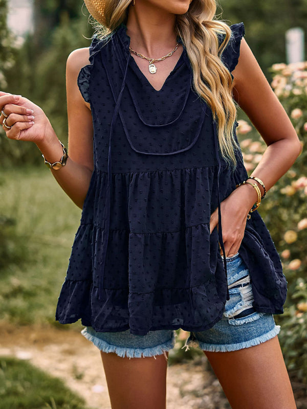 V-neck loose top with flying sleeves casual vacation blouse