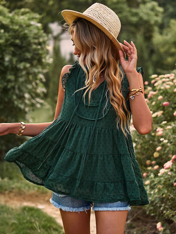 V-neck loose top with flying sleeves casual vacation blouse