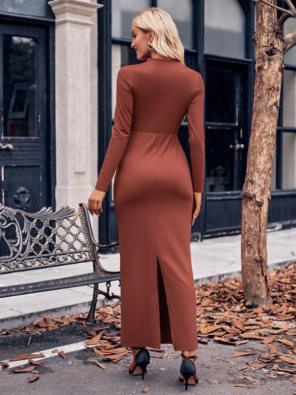 V-neck solid color twist waist long-sleeved dress