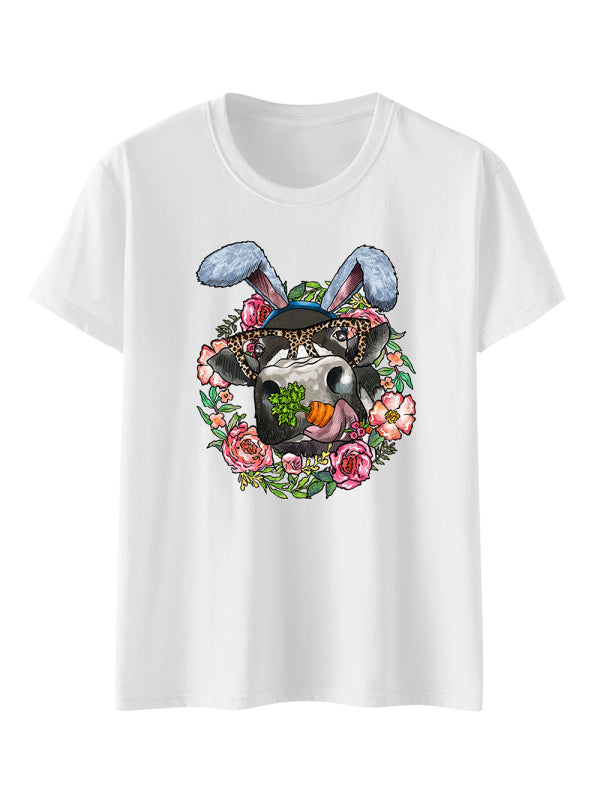 Women's Easter Fun Print Casual Short Sleeve T-Shirt White