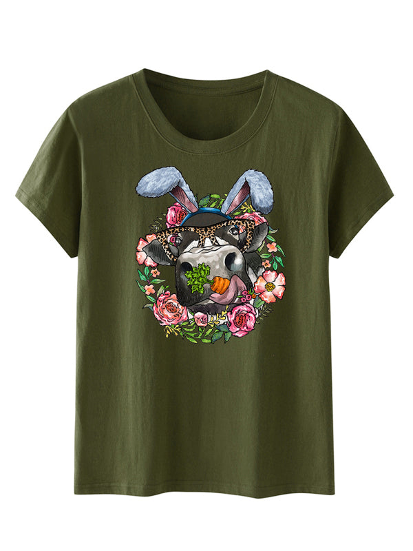 Women's Easter Fun Print Casual Short Sleeve T-Shirt Olive green