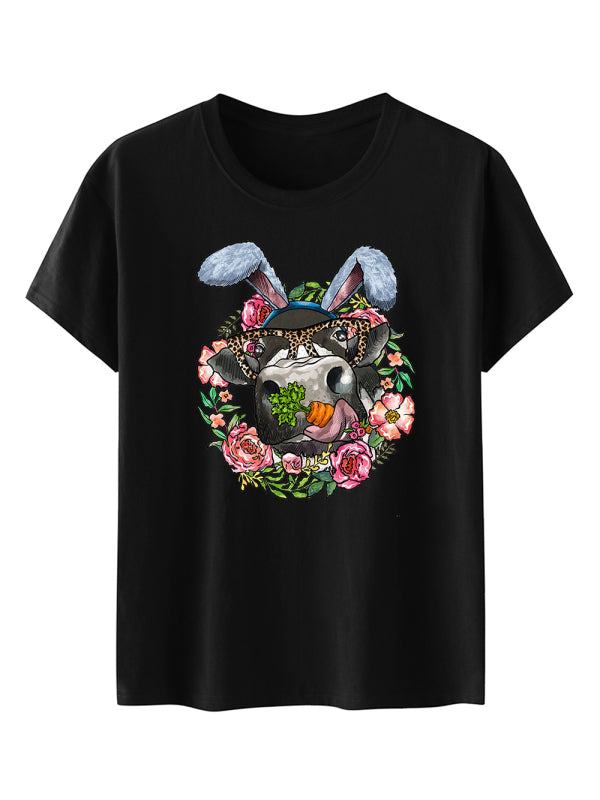 Women's Easter Fun Print Casual Short Sleeve T-Shirt Black