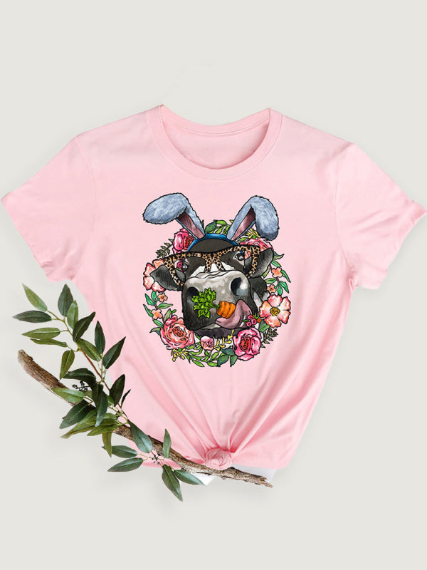 Women's Easter Fun Print Casual Short Sleeve T-Shirt Pink