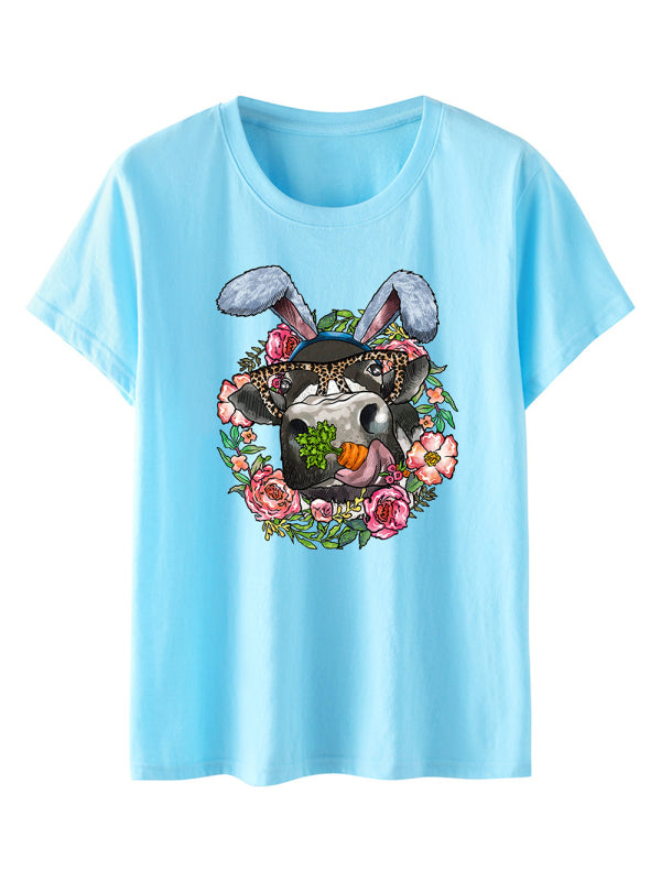 Women's Easter Fun Print Casual Short Sleeve T-Shirt Sky blue azure