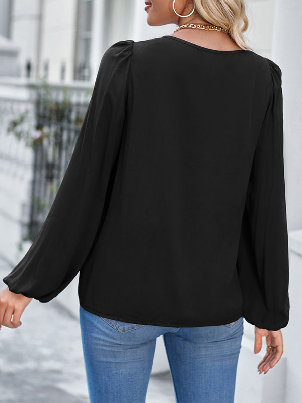 Women's Fashionable Solid Color Square Neck Slim Long Sleeve Top