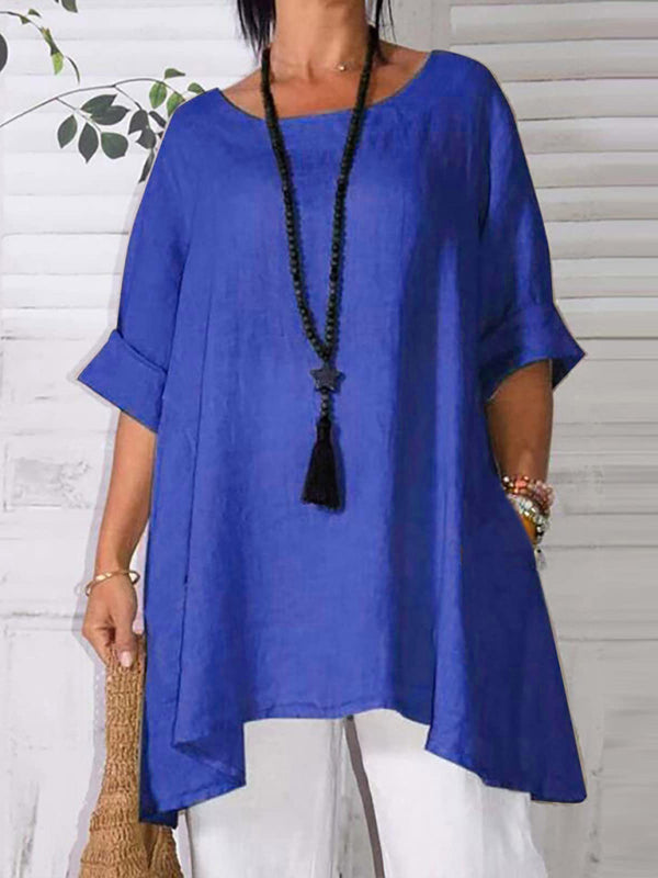 Women's Round Neck Asymmetric Hem Solid Short Sleeve Shirt Blue