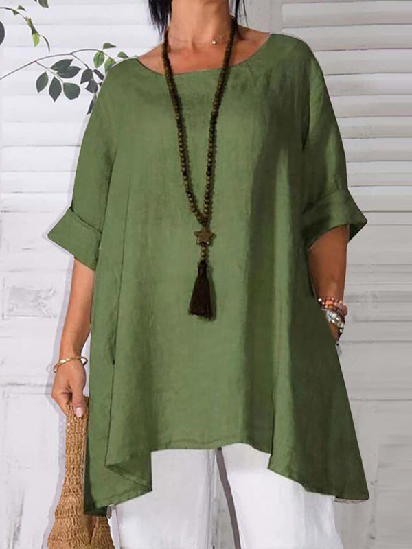 Women's Round Neck Asymmetric Hem Solid Short Sleeve Shirt Green