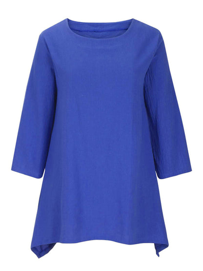 Women's Round Neck Asymmetric Hem Solid Short Sleeve Shirt