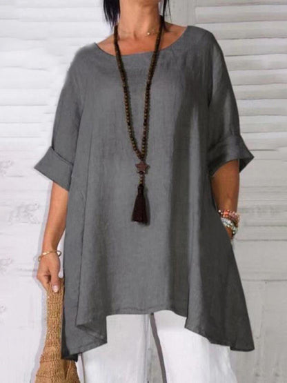 Women's Round Neck Asymmetric Hem Solid Short Sleeve Shirt Grey