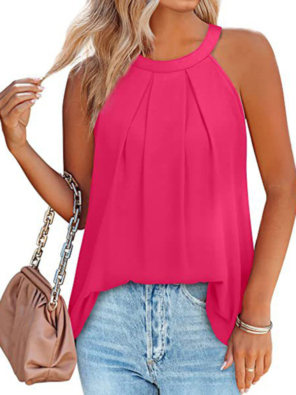 Women's Solid Color Halter Neck Pleated Sleeveless Tank Top Rose