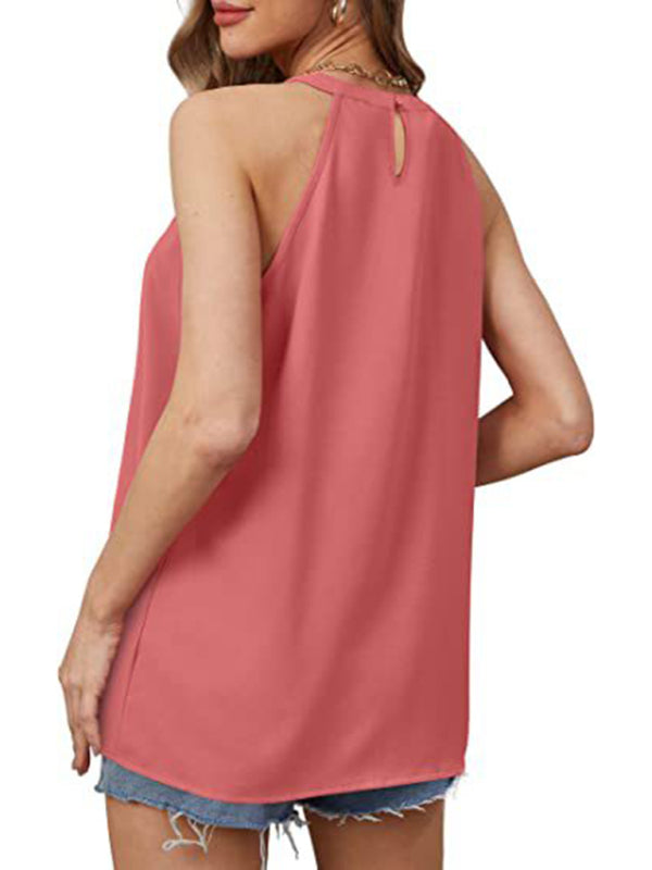 Women's Solid Color Halter Neck Pleated Sleeveless Tank Top