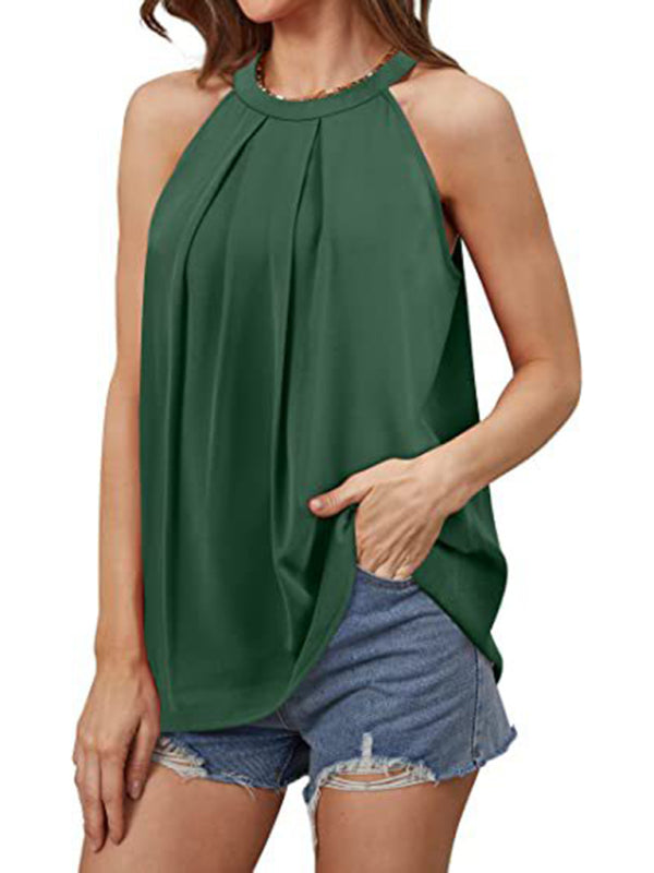 Women's Solid Color Halter Neck Pleated Sleeveless Tank Top