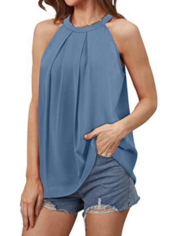 Women's Solid Color Halter Neck Pleated Sleeveless Tank Top