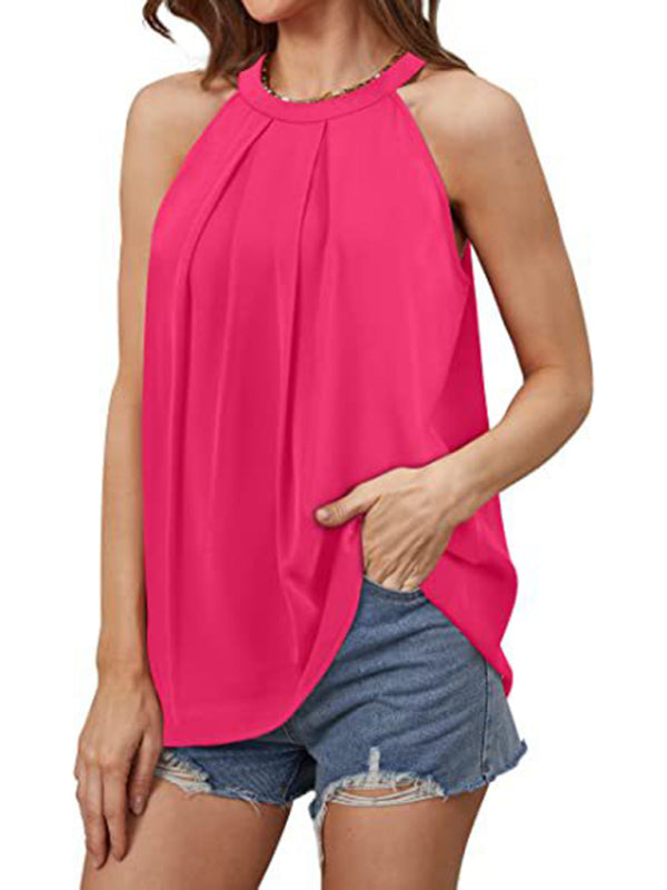 Women's Solid Color Halter Neck Pleated Sleeveless Tank Top