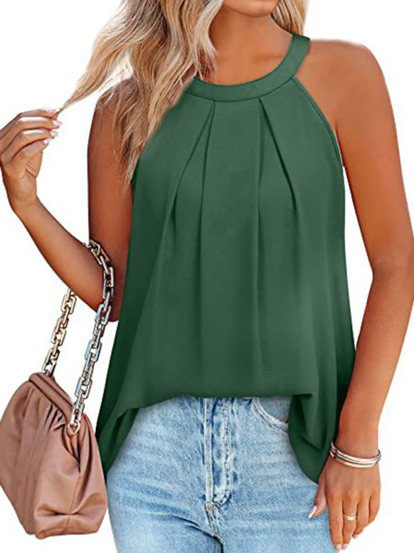 Women's Solid Color Halter Neck Pleated Sleeveless Tank Top Green