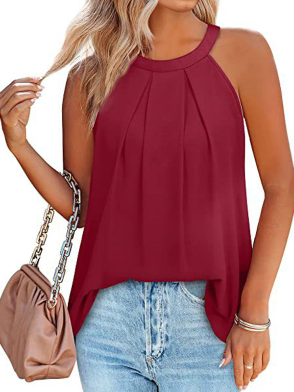 Women's Solid Color Halter Neck Pleated Sleeveless Tank Top Wine Red