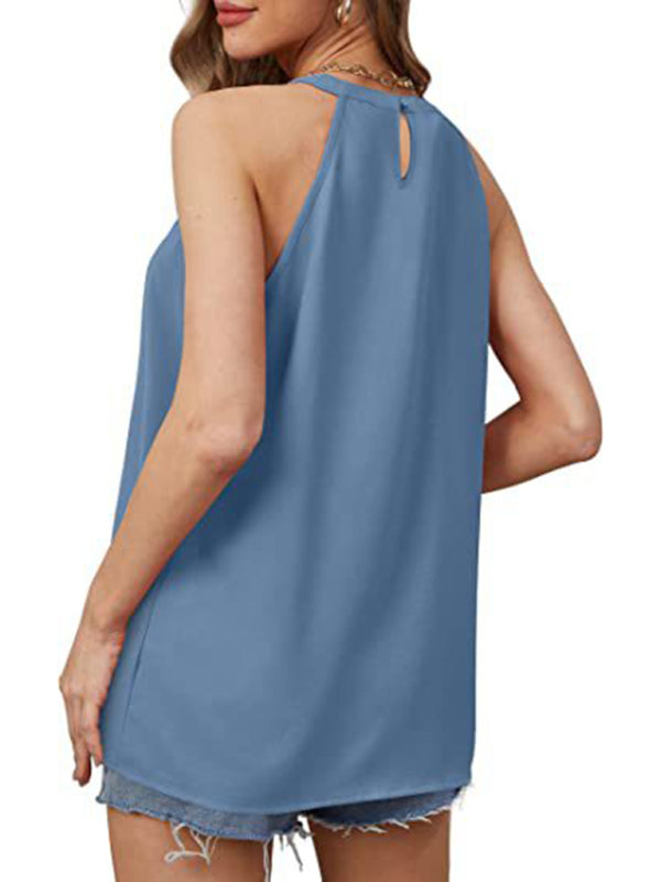 Women's Solid Color Halter Neck Pleated Sleeveless Tank Top