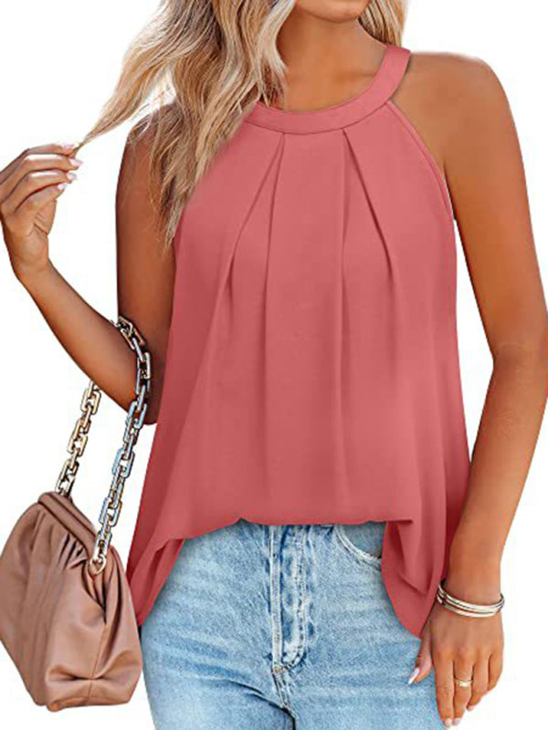 Women's Solid Color Halter Neck Pleated Sleeveless Tank Top Pink