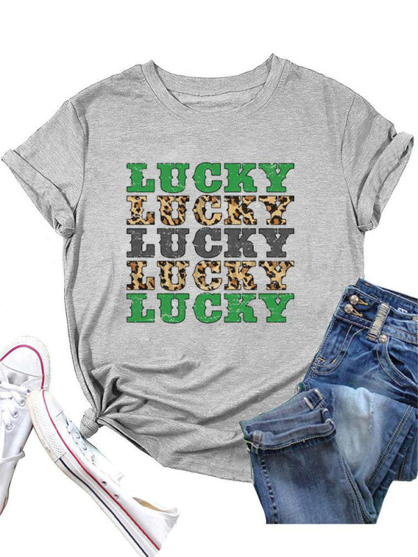 Women's St. Patrick's Day casual lucky letter print T-shirt Grey