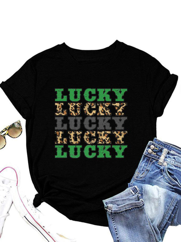 Women's St. Patrick's Day casual lucky letter print T-shirt Black