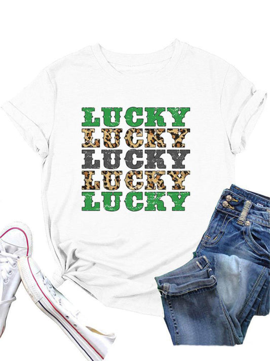 Women's St. Patrick's Day casual lucky letter print T-shirt White