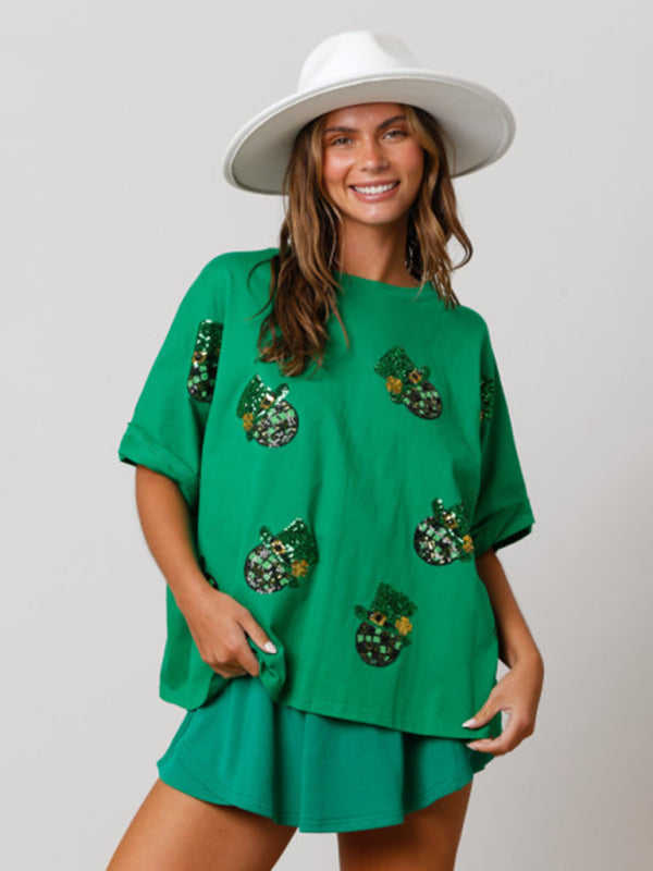 Women's St. Patrick's lucky hat sequined top loose T-shirt
