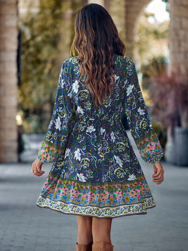 Women's V-neck printed waist long-sleeved dress