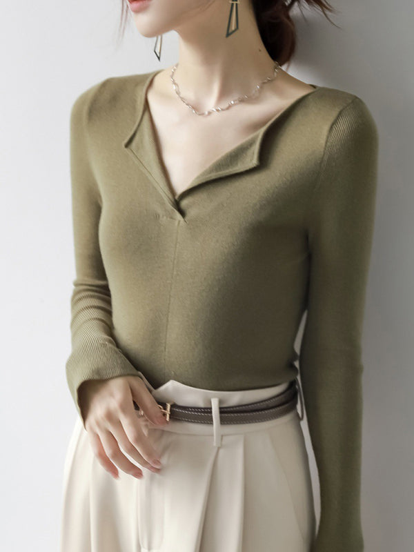 Women's V-neck slim long-sleeved knitted top Green FREESIZE