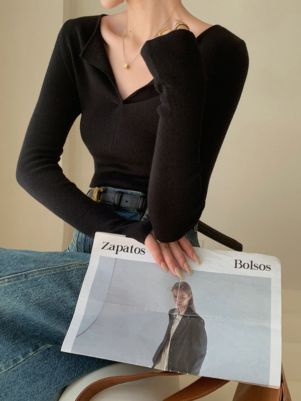 Women's V-neck slim long-sleeved knitted top Black FREESIZE