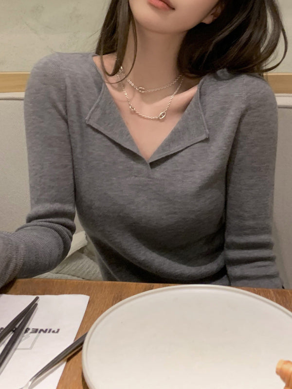 Women's V-neck slim long-sleeved knitted top Grey FREESIZE