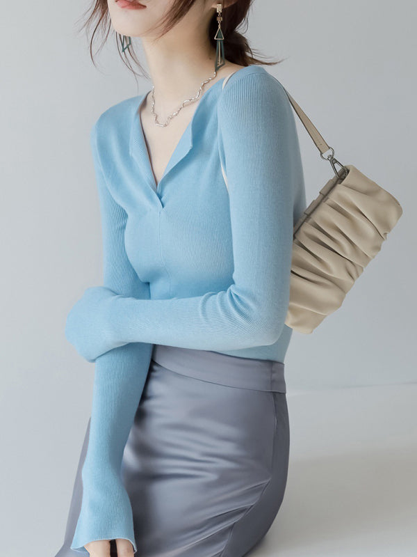 Women's V-neck slim long-sleeved knitted top Blue FREESIZE