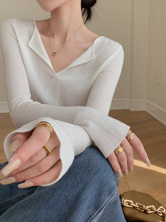 Women's V-neck slim long-sleeved knitted top White FREESIZE
