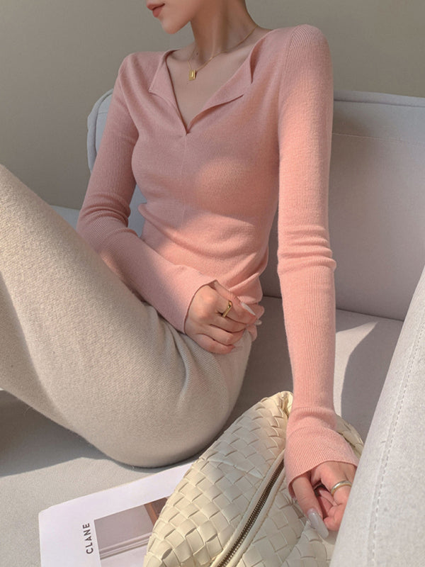 Women's V-neck slim long-sleeved knitted top Pink FREESIZE