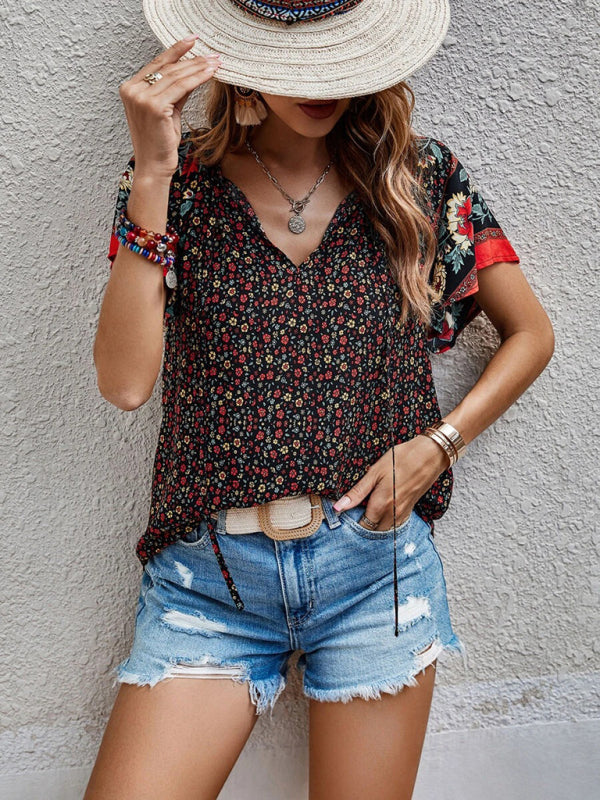 Women's casual ethnic style printed V-neck short-sleeved loose shirt Coffee