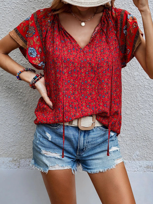 Women's casual ethnic style printed V-neck short-sleeved loose shirt Red