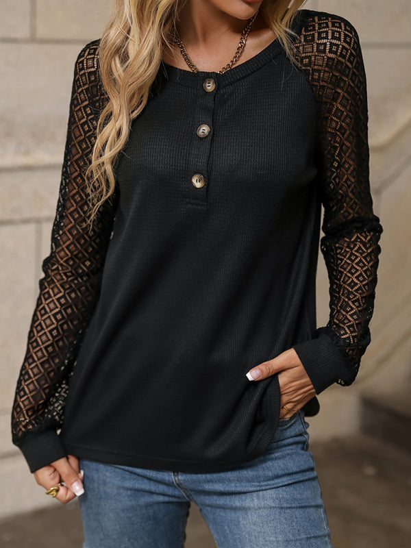 Women's lace patchwork V-neck long-sleeved top