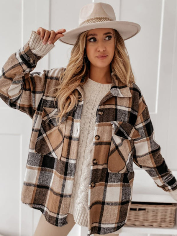 Women's long-sleeved fashionable large pocket loose plaid woolen jacket