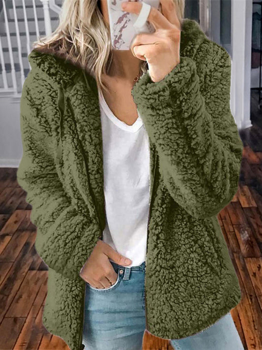 Women's loose long sleeve hooded woolen jacket Olive green