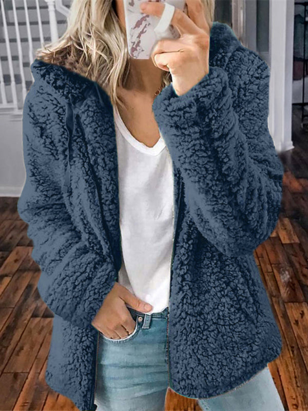 Women's loose long sleeve hooded woolen jacket Blue