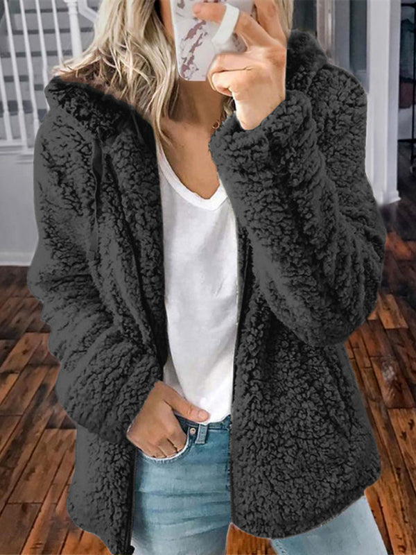 Women's loose long sleeve hooded woolen jacket Black