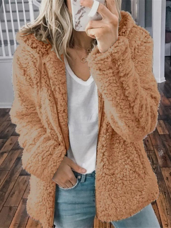 Women's loose long sleeve hooded woolen jacket Coffee