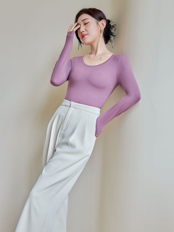 Women's round neck slim long sleeve modal knitted top Purple FREESIZE