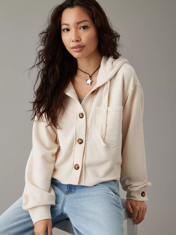 Women's short loose hooded pullover sweatshirt cardigan coat Cream