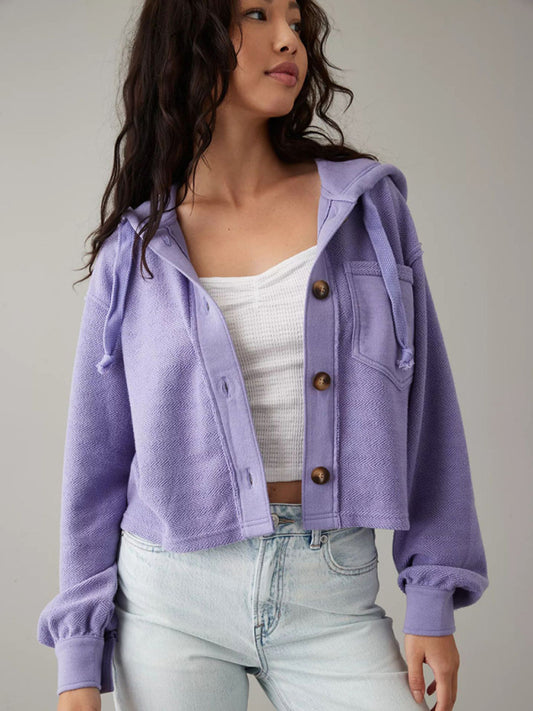 Women's short loose hooded pullover sweatshirt cardigan coat Purple